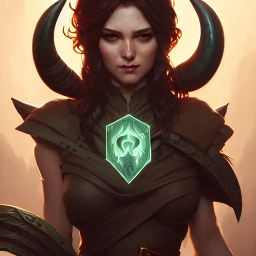 Image similar to rogue, female, horns, forest, D&D, fantasy, intricate, elegant, highly detailed, digital painting, artstation, octane render, concept art, matte, sharp focus, illustration, hearthstone, art by Artgerm and Greg Rutkowski and Alphonse Mucha