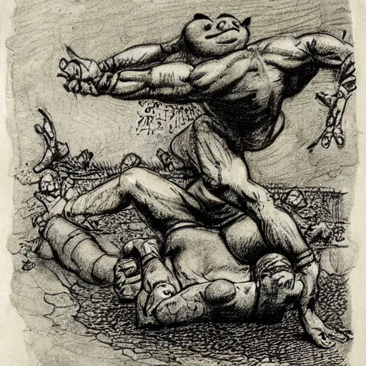 Prompt: a muscular frog man suplexing a toad man in a wrestling ring, detailed, artist arthur rackham, pastel colors