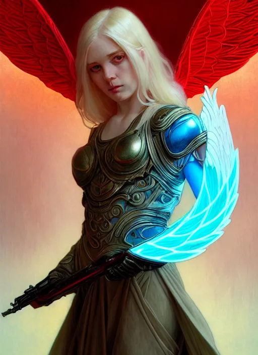 Prompt: the pale blond male angel of battle lucius smirking, sci fi, glowing eyes, volumetric lights, red and cyan theme, art nouveau botanicals, intricate, highly detailed, digital painting, artstation, concept art, smooth, sharp focus, cinematic, illustration, beautiful face, art by artgerm and greg rutkowski and alphonse mucha