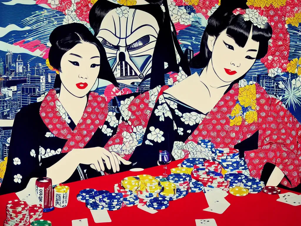 Prompt: hyperrealistic composition of the detailed woman in a japanese kimono sitting at a poker table with detailed darth vader, fireworks, mount fuji on the background, pop - art style, jacky tsai style, andy warhol style, roy lichtenstein style, acrylic on canvas