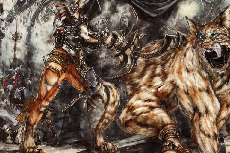 Image similar to 8k Yoshitaka Amano painting of upper body of a young cool looking lynx beast-man with white mane at a medieval market at windy day. Depth of field. He is wearing complex fantasy armors. He has huge paws. Renaissance style lighting.