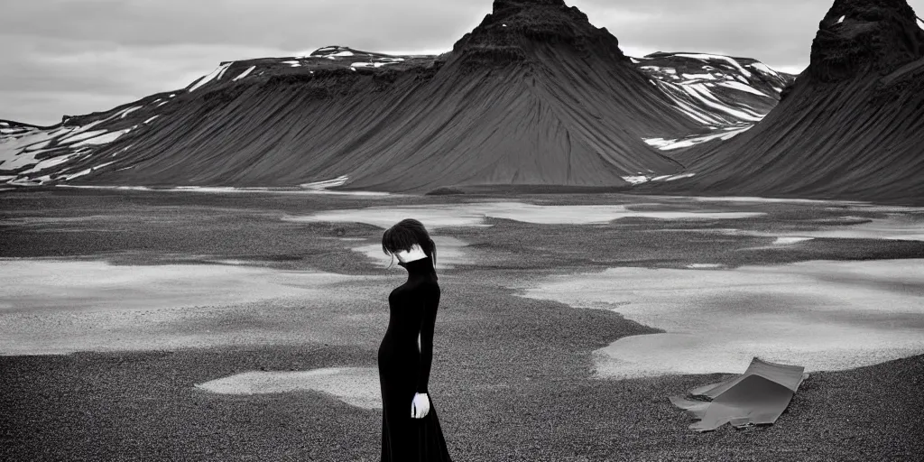 Image similar to portrait of floating model in comme des garcon deconstructed black silk gown, iceland landscape photography, by lurie belegurschi and gunnar freyr