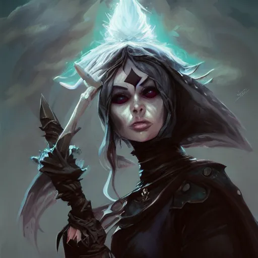 Image similar to grumpy goth ice mage, makeup, sharp focus, dnd character art portrait, epic composition, matte fantasy painting, deviantart artstation, by jason felix by steve argyle by tyler jacobson by peter mohrbacher, cinema, masterpiece