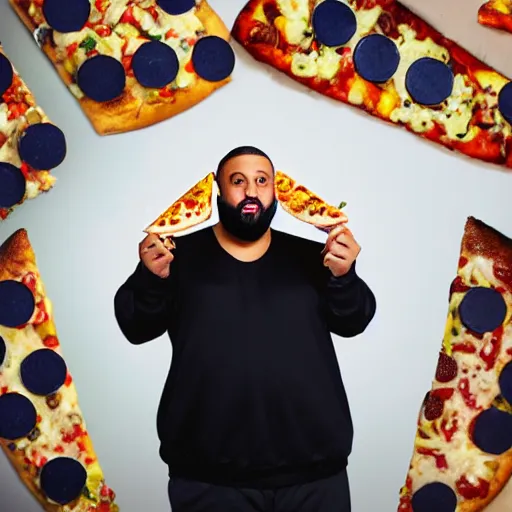 Prompt: studio portrait of DJ khaled with a slide of pizza hanging out of his mouth holding ice cream