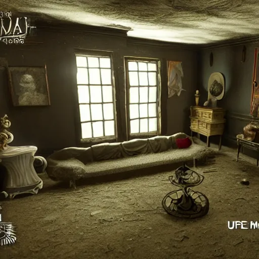 Image similar to room of a dark mansion, objects from ritual in the ground, unreal engine