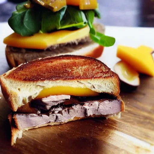 Image similar to foie gras sandwich with mango covered with huge amount of honey, bad, grainy and blurry amateur photo