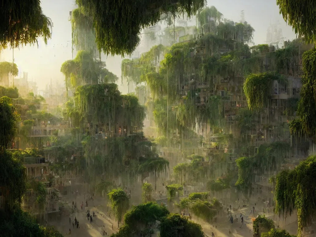 Image similar to the green city of babylon with its wonderful hanging gardens at dawn, intricate, elegant, volumetric lighting, digital painting, highly detailed, artstation, sharp focus, illustration, concept art, ruan jia, steve mccurry