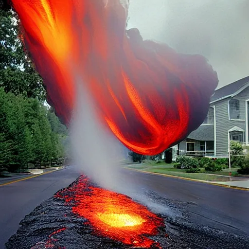 Image similar to molten lava flowing down a suburban street in America. Photo by Annie Liebowitz