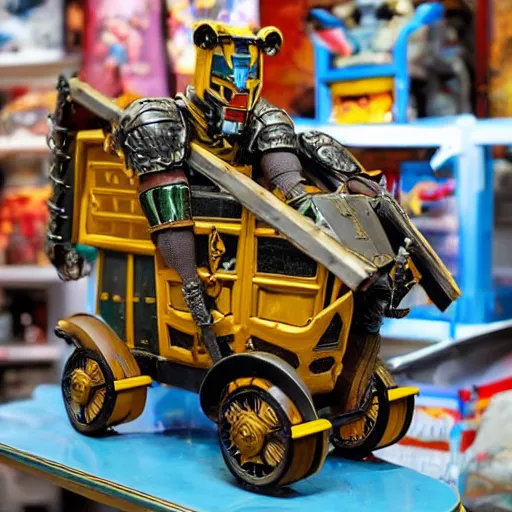 Image similar to full - color photo of a transformers toy that is a roman soldier which transforms into a horse - drawn chariot, displayed on a shelf in a toy store.