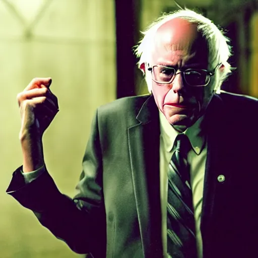 Image similar to stunning awe inspiring bernie sanders dressed as the joker movie still 8 k hdr atmospheric lighting