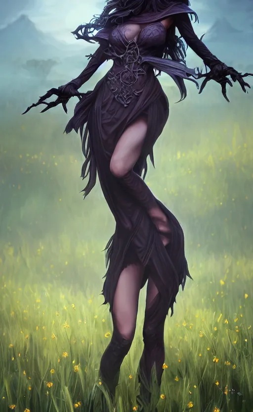 Image similar to medium shot of dark elf witch in field, sunny, highly detailed, d & d, fantasy, highly detailed, digital painting, trending on artstation, concept art, sharp focus, illustration, global illumination, ray tracing, realistic shaded, art by artgerm and greg rutkowski and fuji choko and viktoria gavrilenko and hoang lap