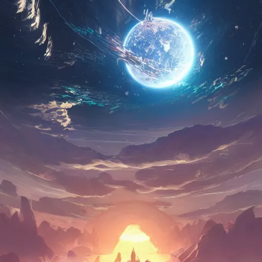 Image similar to the remains of a deserted planet. seen from space, glimmering stars, satellite view. clean sharp digital art, environment concept art, by rossdraws, ghibli, breath of the wild, greg rutkowski