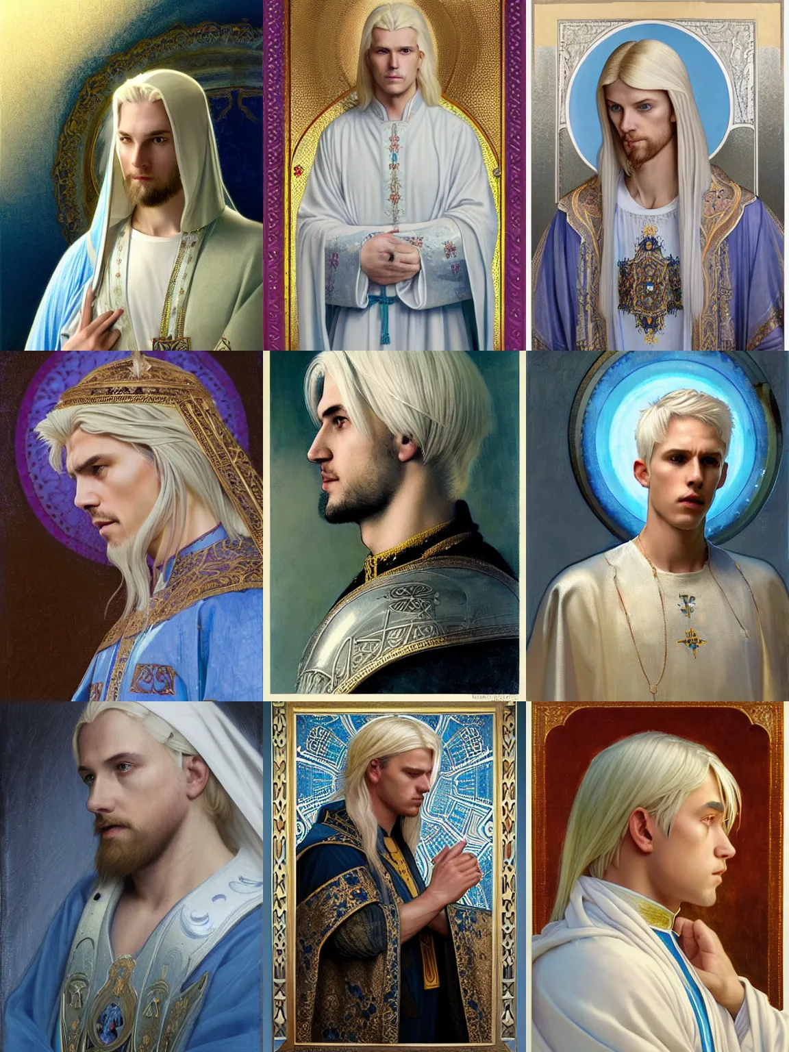 Prompt: portrait of a calm and pious male aasimar paladin above head with medium length platinum blonde hair wearing white gold and sky blue vestments under armor, pensive and hopeful expression, highly detailed cinematic light, symmetrical face illustration, painterly, art by Krenz Cushart and Artem Demura and alphonse mucha Greg Rutkowski:9, intricate, masterpiece, clean shaven, fantasy, d&d