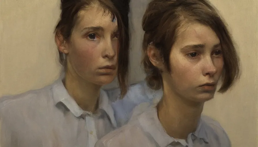 Image similar to painting by borremans, young woman, detailed, stunning