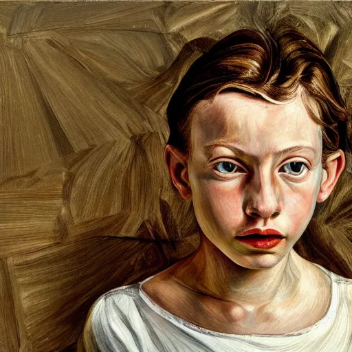 Prompt: high quality high detail painting by lucian freud, hd, excited girl portrait, low angle, photorealistic lighting