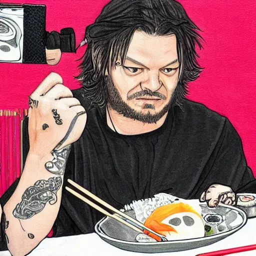 Image similar to pencil illustration of Bam Margera eating sushi with chopsticks highly detailed