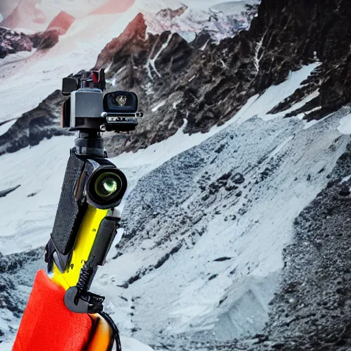 Prompt: a futuristic neon pistol is sitting on the peak of mount everest, clear focus, bokeh effect, high res, hasselblad, dslr