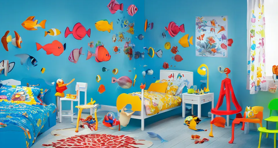 Image similar to IKEA catalogue photo of an underwater childrens bedroom, coral reef, fish, sharks, clown fish, angel fish, dappled light, sun rays