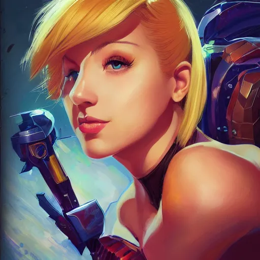 Image similar to portrait of beautiful Samus Aran, League of Legend illustration by Sam Youn:3, profile picture by Gil Elvgren:3, asymmetrical, Organic Painting, Ambient Occlusion:3, Matte Painting, bold shapes, hard edges, street art, trending on artstation, realistic:2 by Sachin Teng:5