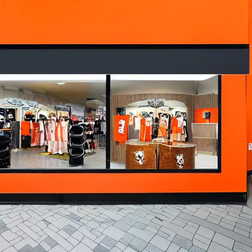 Image similar to a shopping mall picture outside of a fox-themed clothing store vendor, designed after foxes, Fox design patterns on the orange wall, realistic photo