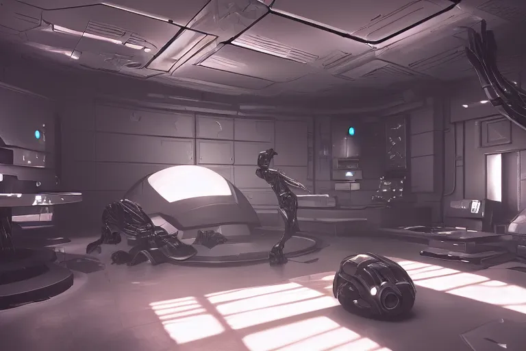 Image similar to cyberpunk alien concept inspired room, futuristic look, highly detailed body, very powerful, photorealistic camera shot, bright studio setting, studio lighting, crisp quality and light reflections, unreal engine 5 quality render