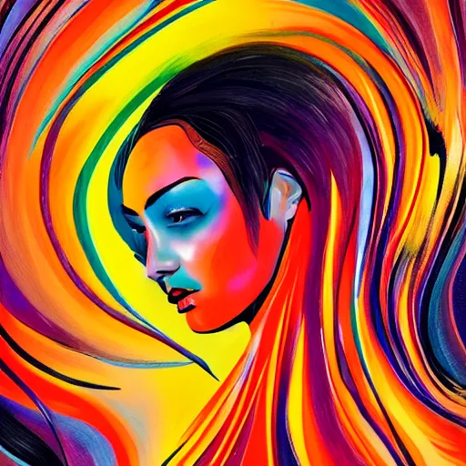 Image similar to abstract art with swirly color liquid acrylic paint and beautiful female face, beautiful color composition, warm colors, black details