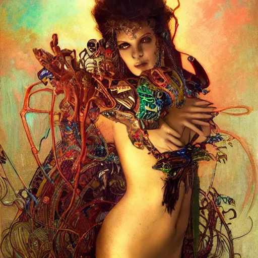 Image similar to extremely psychedelic beautiful cyborg queen of lsd. intricate, elegant, highly detailed, extremely lifelike photorealistic digital painting, artstation. steichen, gaston bussiere, tom bagshaw, cyberpunk alphonse mucha. dark pallet, melancholy. anatomically correct in every way. sultry. sharp focus. soft light.