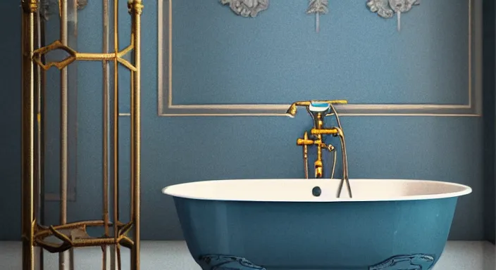 Image similar to Victorian Bathroom, glimmering interior design, bluish colors, floor lamps-interior-lighting, skyline-view, glimmering-design, humble, style of Chinese, 4k, wide-perspective, grand-composition, concept-art, highly-detailed, sublime, dramatic, cinematic