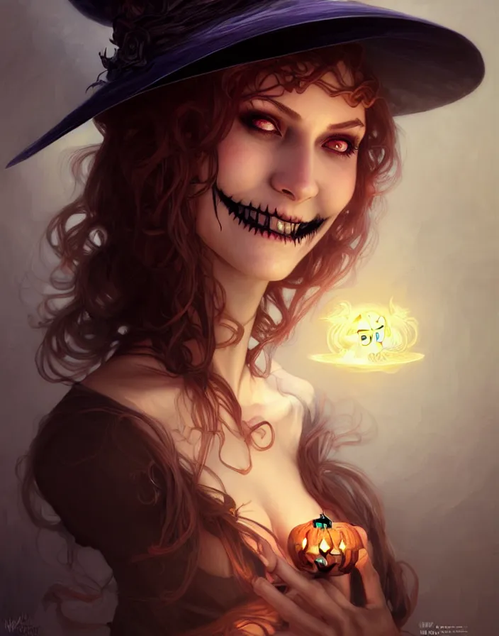 Image similar to halloween witch woman in a hat smiles, fantasy magic, undercut hairstyle, dark light night, intricate, elegant, sharp focus, illustration, highly detailed, digital painting, concept art, matte, art by wlop and artgerm and greg rutkowski and alphonse mucha, masterpiece