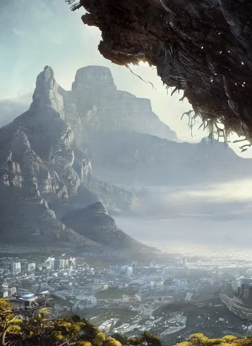 Image similar to chtulu attacking cape town city, table mountain, dense foliage beautiful details, strong composition by kim jung giu weta studio rutkowski, james gurney and greg rutkowski, and lucasfilm