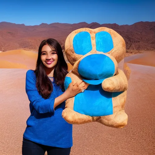 Image similar to blue'snappy gifts'human - sized plush doll, looking at the camera, in the desert, holding gift, happy atmosphere, high detail, 8 k