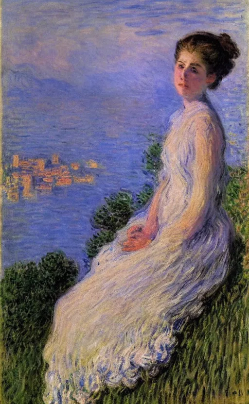 Image similar to portrait by claude monet!! of a lovely woman!! looking at us daydreaming! lake como in background!!!