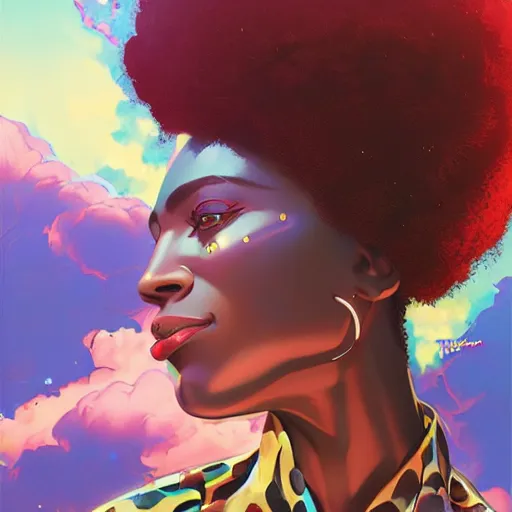 Prompt: afrofuturism woman with a cute - fine - face, pretty face, oil slick hair, realistic shaded perfect face, extremely fine details, by realistic shaded lighting, dynamic background, poster by ilya kuvshinov katsuhiro otomo, magali villeneuve, artgerm, jeremy lipkin and michael garmash and rob rey, and silvain sarrailh