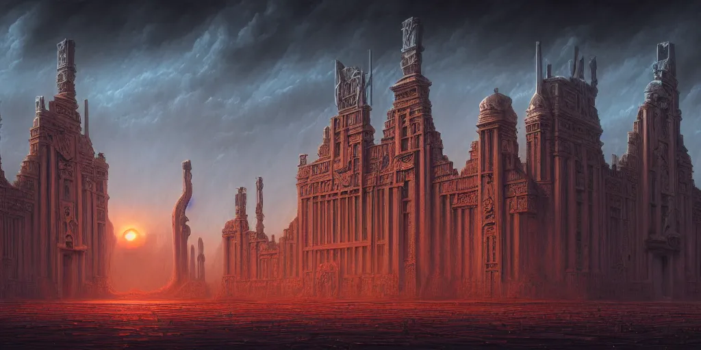 Image similar to sci - fi concrete baroque rococo gothic architecture in hell, babylonian, ziggurat, zaha hadid, beksinski, wayne barlowe, oil painting, photoreal, highly detailed, 8 k, hd, vray, artstation, cinematic matte painting, extreme detail photo quality, sunset, featured on behance