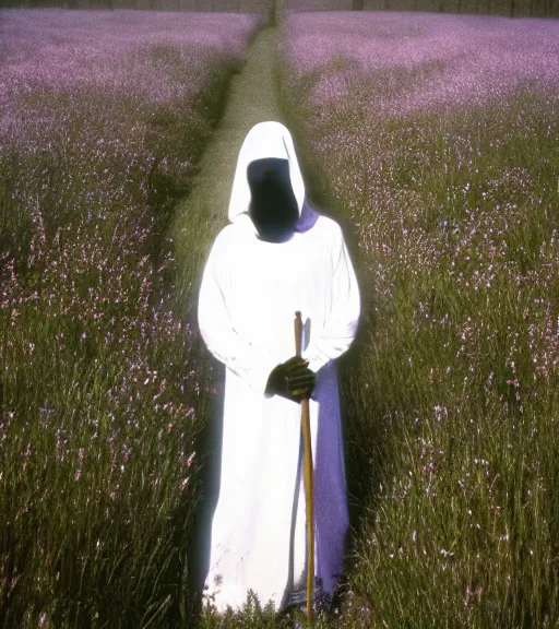 Image similar to white grim reaper with no face standing at distance looking at you in beautiful meadow of flowers, film photo from 1970s, grainy, high detail, high resolution