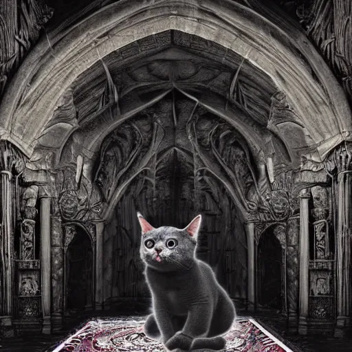 Prompt: the cat dressed in ritual hoodie performing strange black magick ritual in a dark gothic temple of antichrist high quality hdr photo art by giger, beksinsky, wayne barlove, greg rutkovski