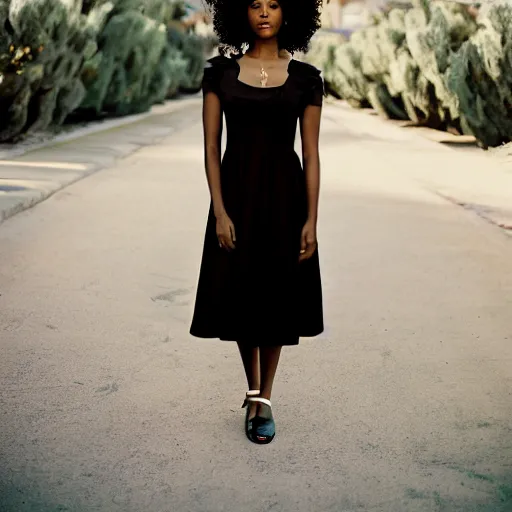 Image similar to portrait photograph of an elegant black woman wearing a sundress in Santa Monica. super resolution. 85 mm f1.8 lens.bokeh.graflex. Alessio albi