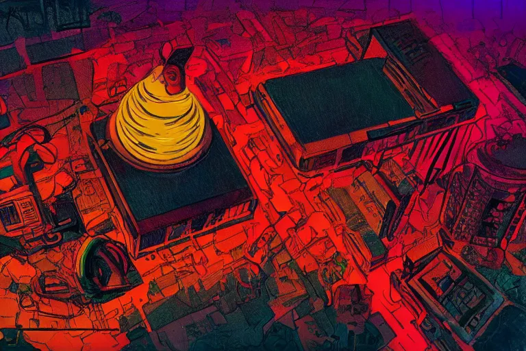 Prompt: he who prohibits, in the style of peter lloyd and gahan wilson, trending on artstation, dramatic lighting camera view from above strong colors, sabattier filter, 6 0 s kitsch and psychedelia, trending on artstation, modern art