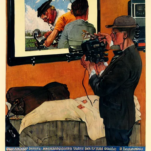 Image similar to norman rockwell painting of a television crew member holding a large television - video - camera