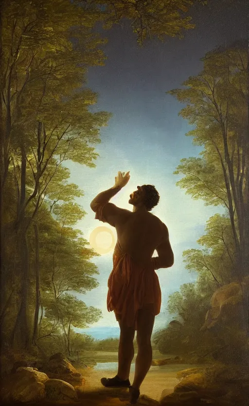 Prompt: classical painting of a man standing in the forest by a creek, looking up at the moon, beautiful lighting