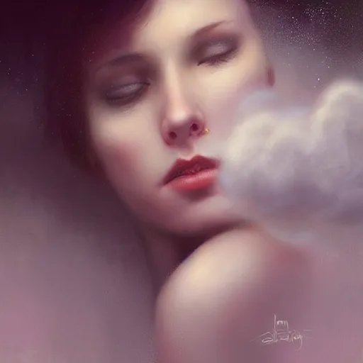 Prompt: a character with a cloud on his head, raindrops instead of tears, disheveled thoughts, the subtle existence of reality in time, a beautiful face, a sweet smile by tom bagshaw