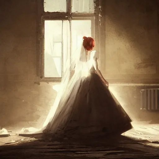 Image similar to A woman in a wedding dress in a dilapidated room, long shadow, dark room, vintage shading, warm colors, by Greg Rutkowski, artstation