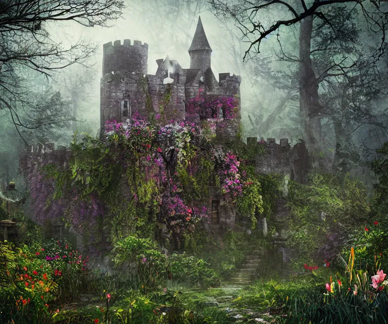 Image similar to old rundown castle in the middle of a haunted forest, foggy, high fantasy, colorful flowers, aged vegetation, photorealism