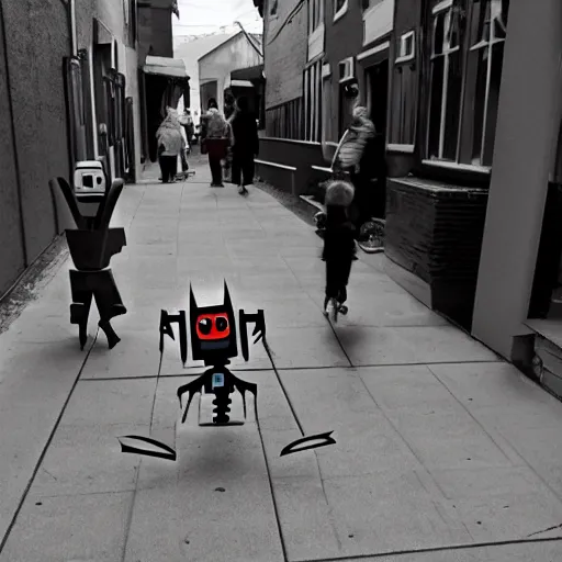 Image similar to in the style of 1960s, scary robot is chasing kids down the ally