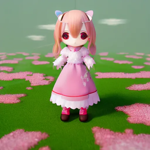 Image similar to cute fumo plush of a girl in the middle of a cherry blossom bloom, sakura, particle simulation, global illumination, vray