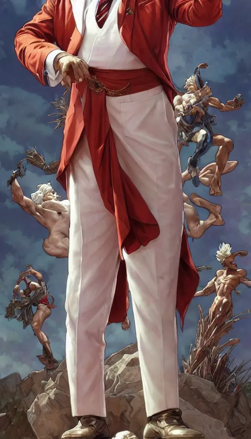 Image similar to a full body portrait of colonel sanders the greek god!! explaining, background of rednecks, extremely beautiful, anatomically accurate, by artgerm and by greg rutkowski and by alphonse mucha and by simon bisley, radiant light, detailed and intricate environment,