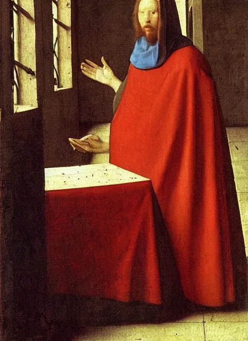 Image similar to red cloth of the floor, medieval painting by jan van eyck, johannes vermeer, florence