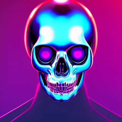 Image similar to portrait of a glossy black robot skull head, blue and pink highlights, glowing eyes, digital art, artstation