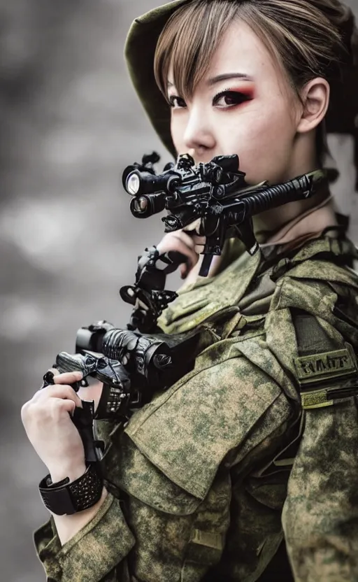 Image similar to portrait photo, highly detailed, high resolution, cosplay photo, stunning, girls frontline style, bokeh soft, 100mm, trending on instagram, by professional photographer, realistic human anatomy, real human faces, realistic military carrier, soldier clothing, mechanical exoskeleton supporting the body, modern warfare, realistic guns, shot with a canon, low saturation