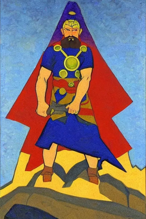 Image similar to thor with hammer, marvel, artwork by nicholas roerich,